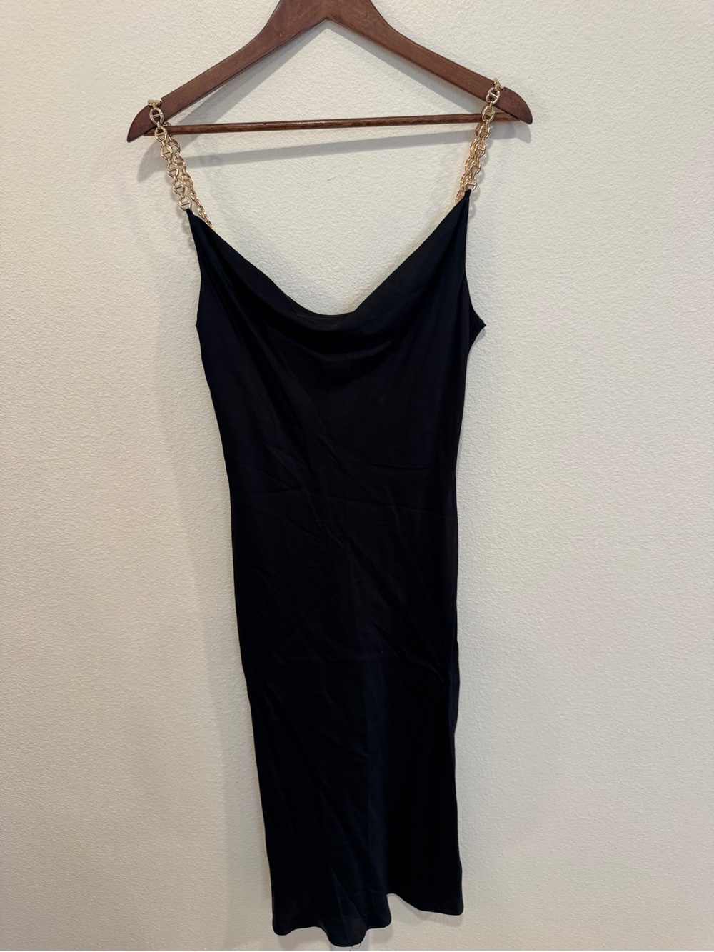 L'AGENCE Black Slip Midi Dress with Gold Chain Straps